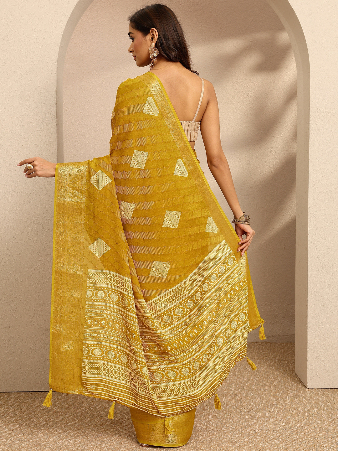  Mustard Paisley Woven Design Georgette Saree With Unstitched Blouse Piece 
