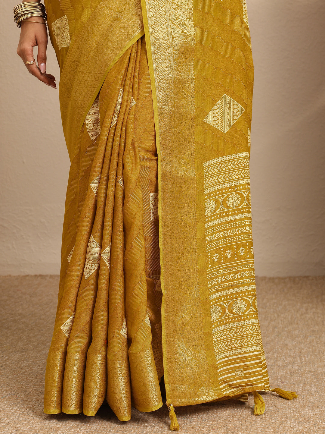  Mustard Paisley Woven Design Georgette Saree With Unstitched Blouse Piece 