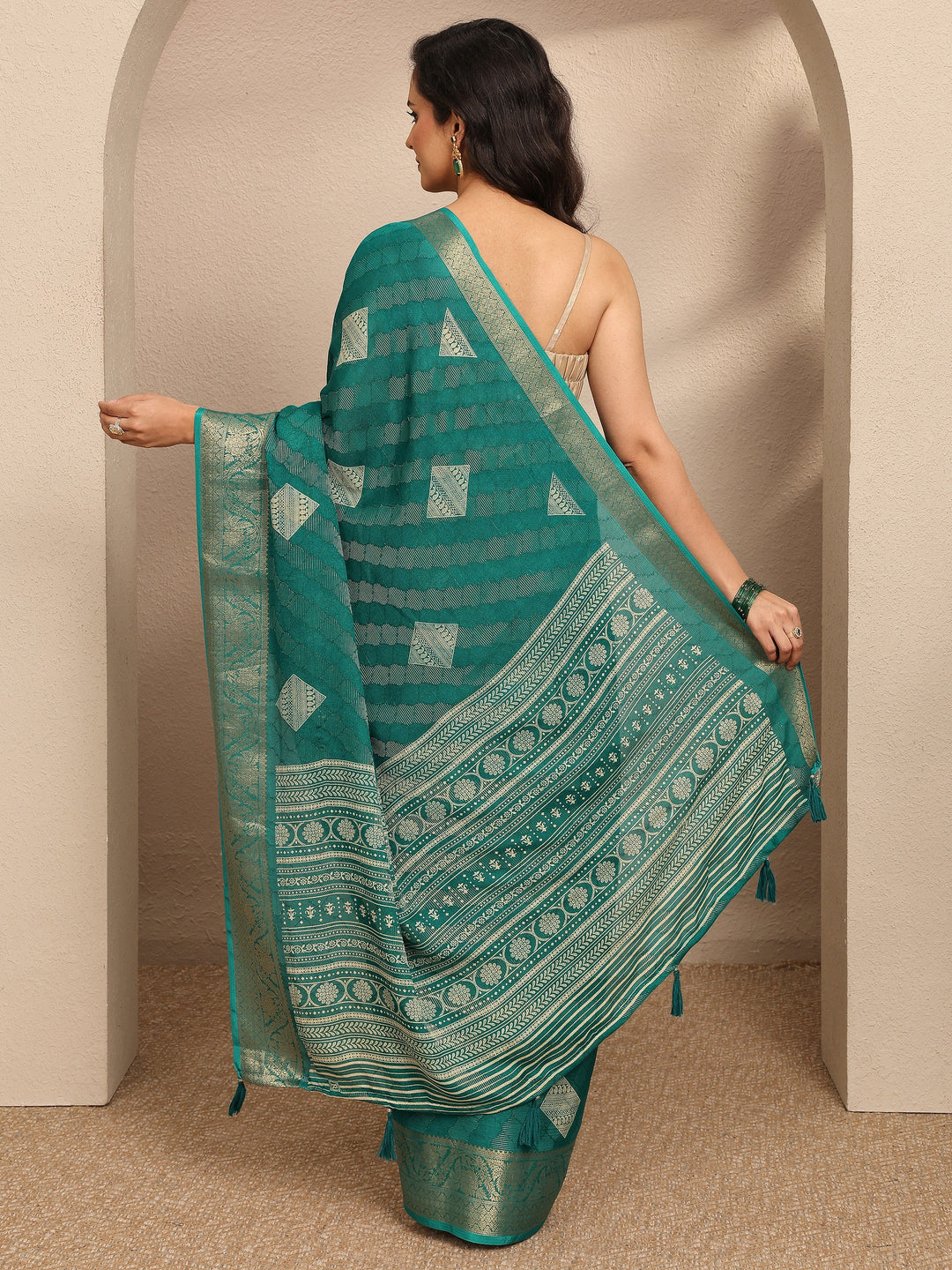  Green Paisley Woven Design Georgette Saree With Unstitched Blouse Piece 