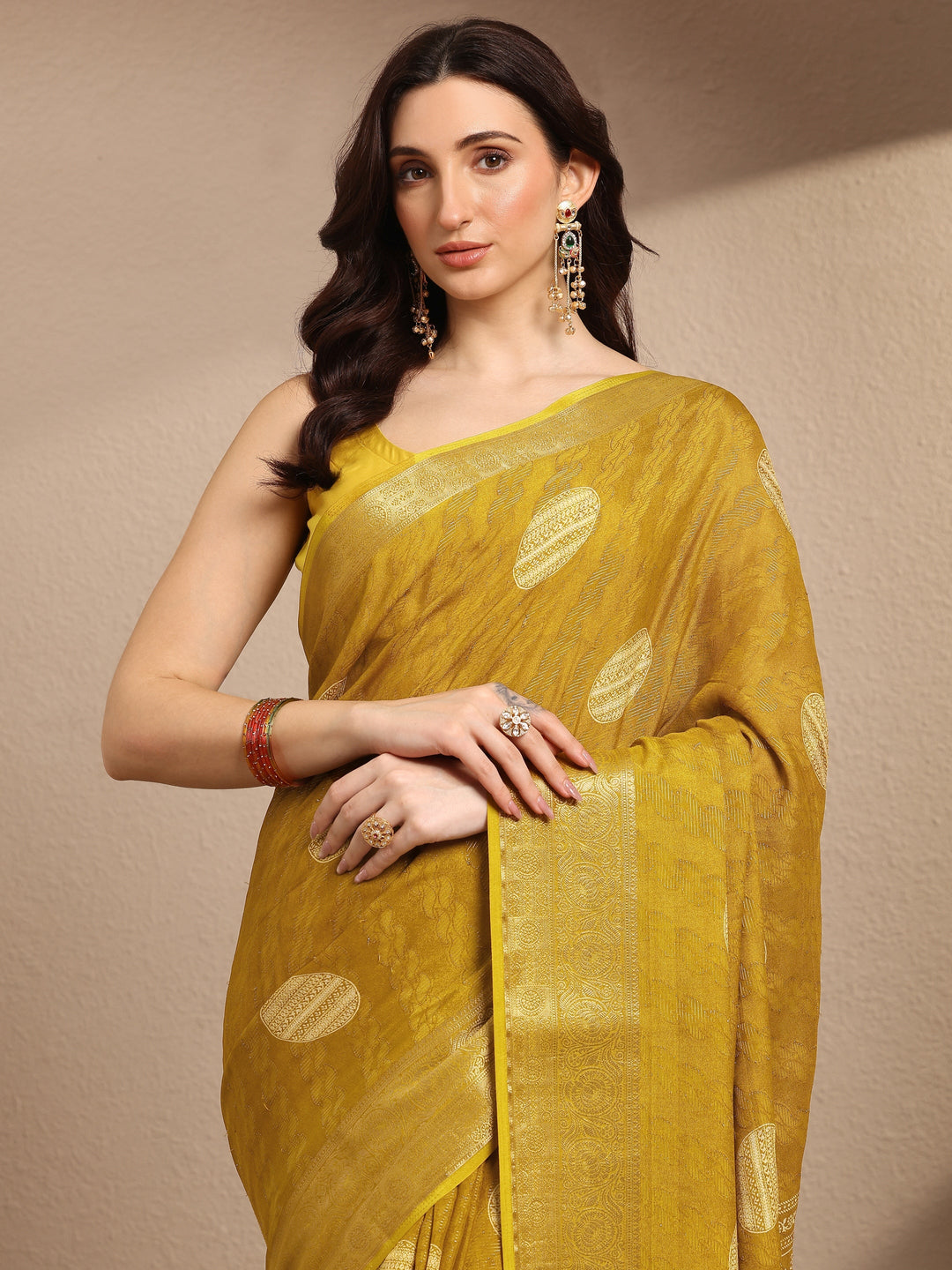  Mustard Printed Georgette Saree With Unstitched Blouse Piece 