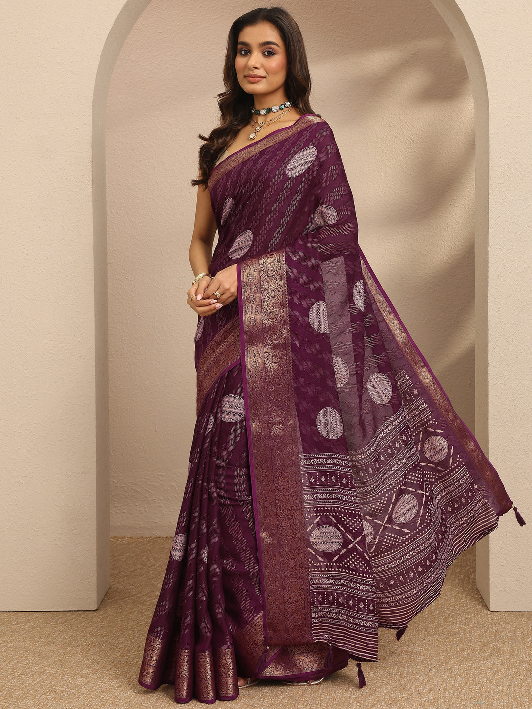  Burgundy Woven Design Georgette Saree With Unstitched Blouse Piece 