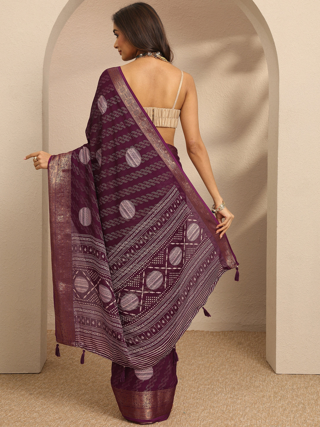  Burgundy Woven Design Georgette Saree With Unstitched Blouse Piece 