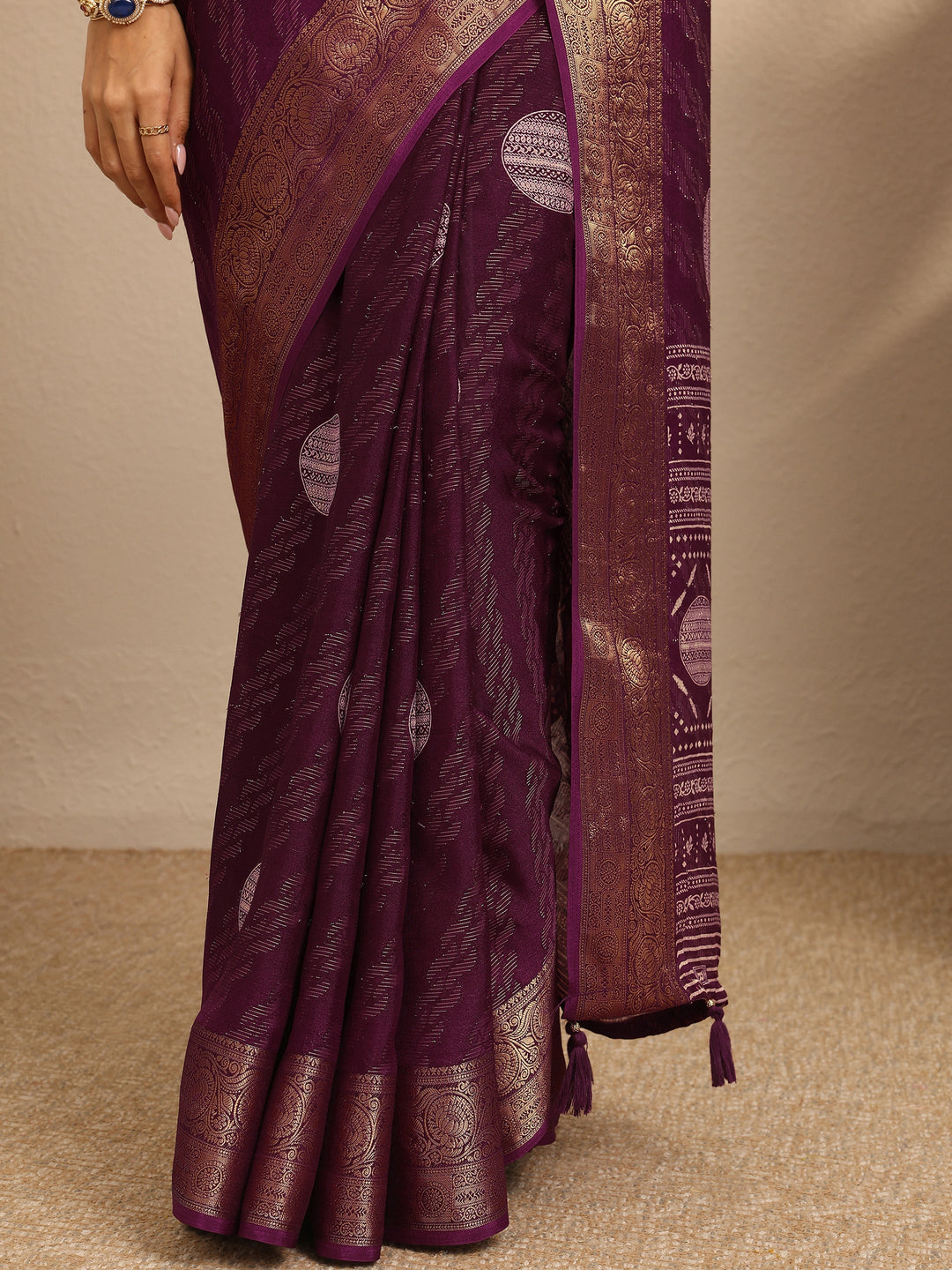  Burgundy Woven Design Georgette Saree With Unstitched Blouse Piece 