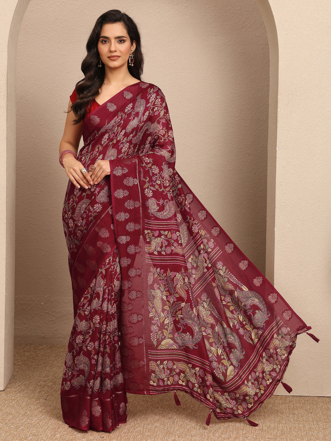 Maroon Printed Georgette Saree With Unstitched Blouse Piece