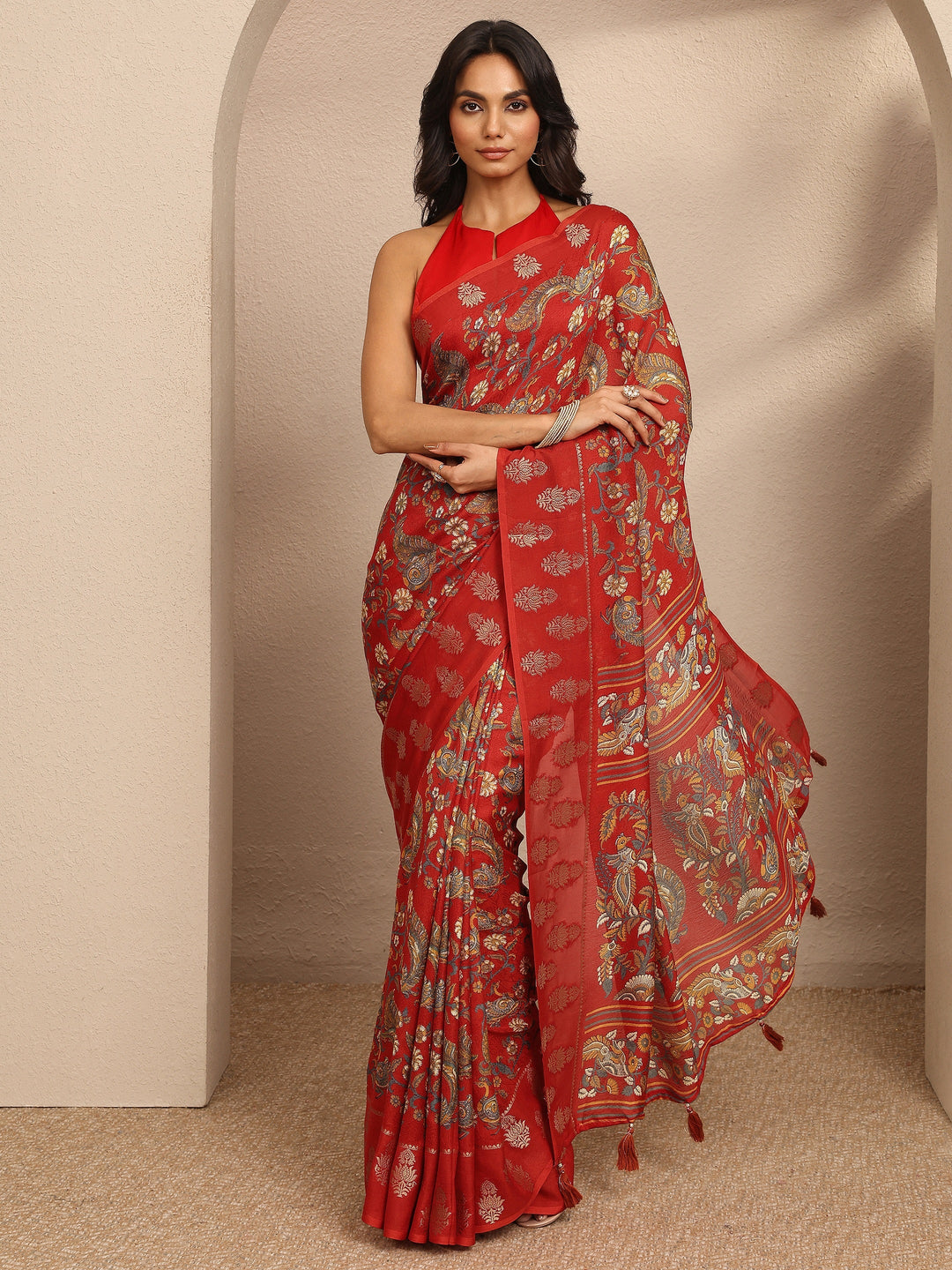 Orange Printed Georgette Saree With Unstitched Blouse Piece