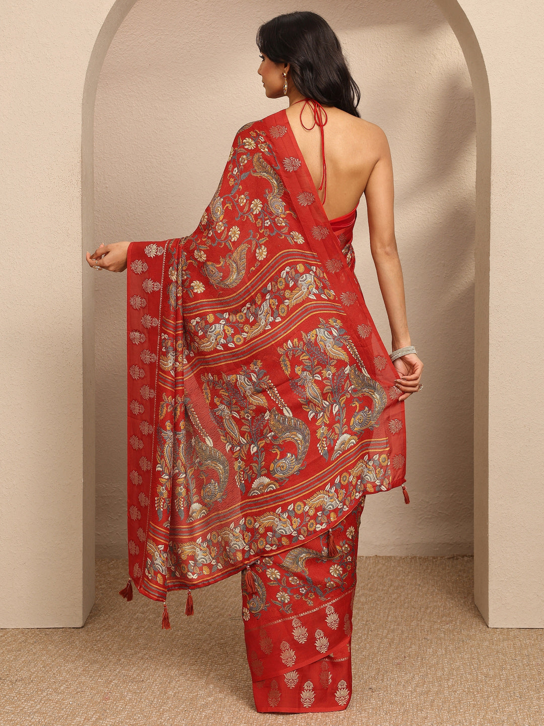  Orange Printed Georgette Saree With Unstitched Blouse Piece 