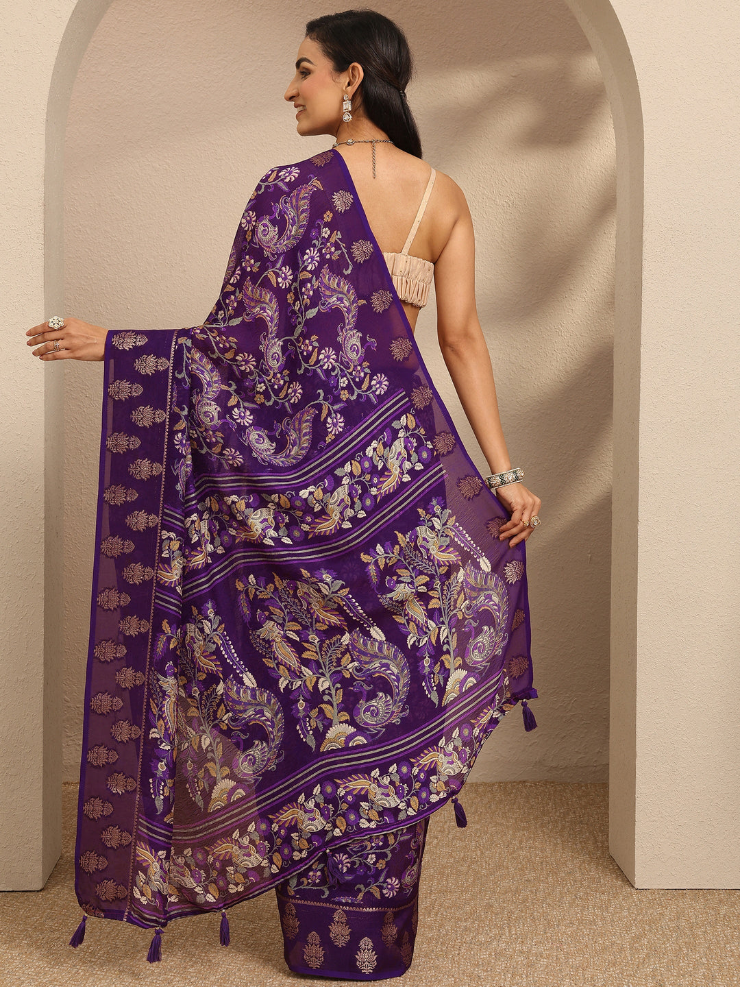  Purple Printed Georgette Saree With Unstitched Blouse Piece 