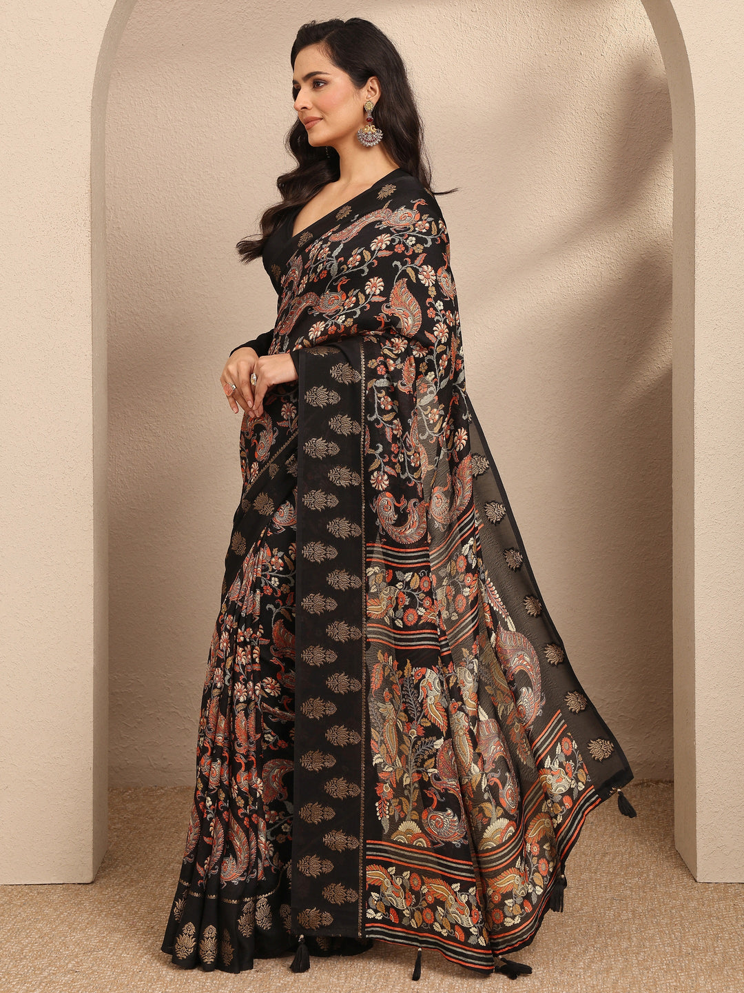  Black Printed Georgette Saree With Unstitched Blouse Piece 
