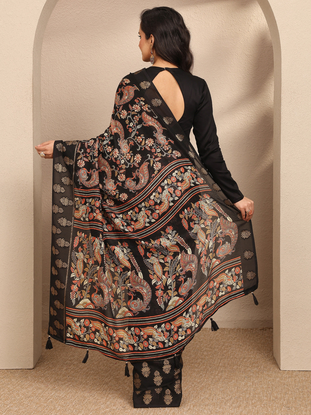  Black Printed Georgette Saree With Unstitched Blouse Piece 