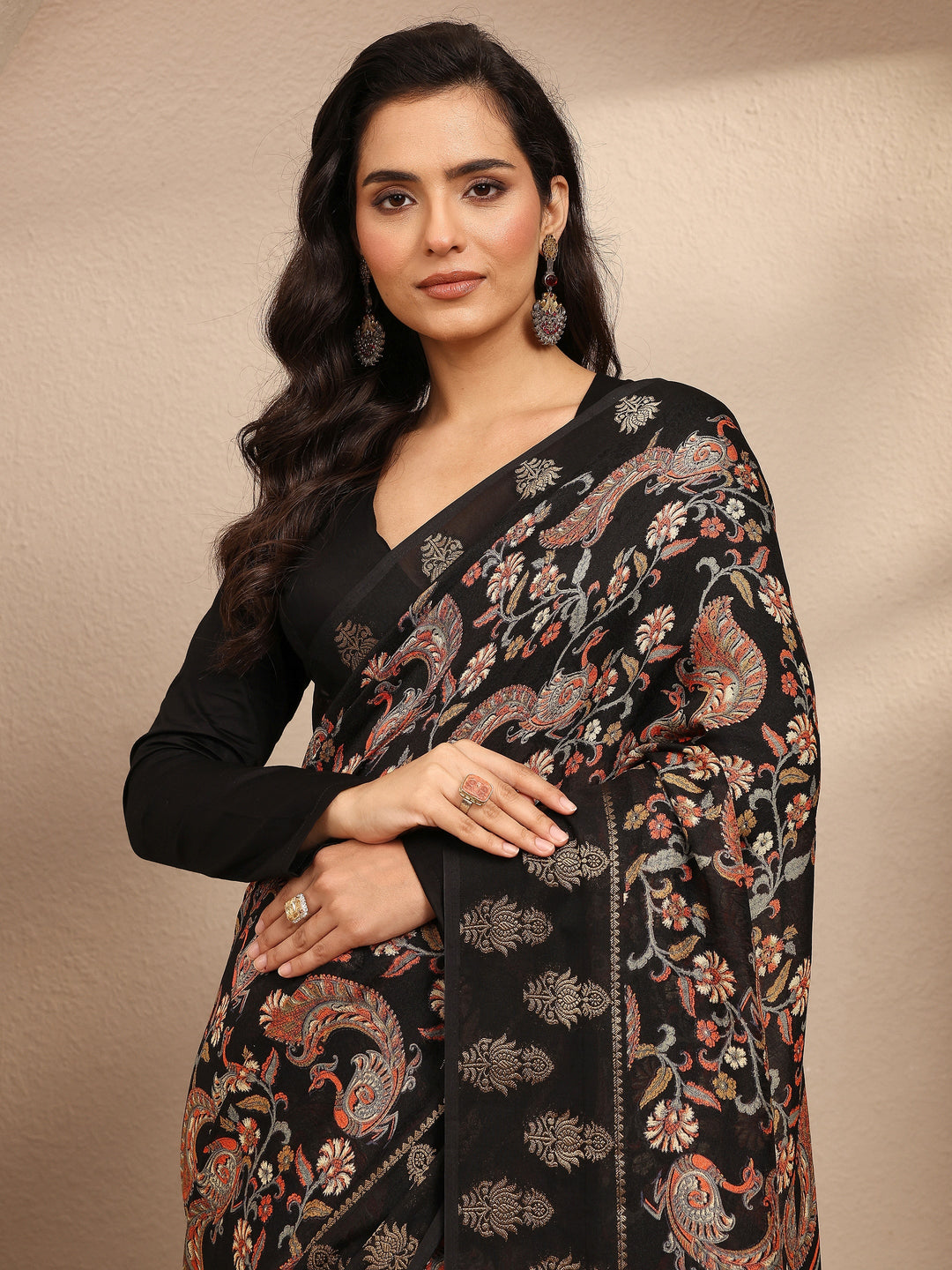  Black Printed Georgette Saree With Unstitched Blouse Piece 