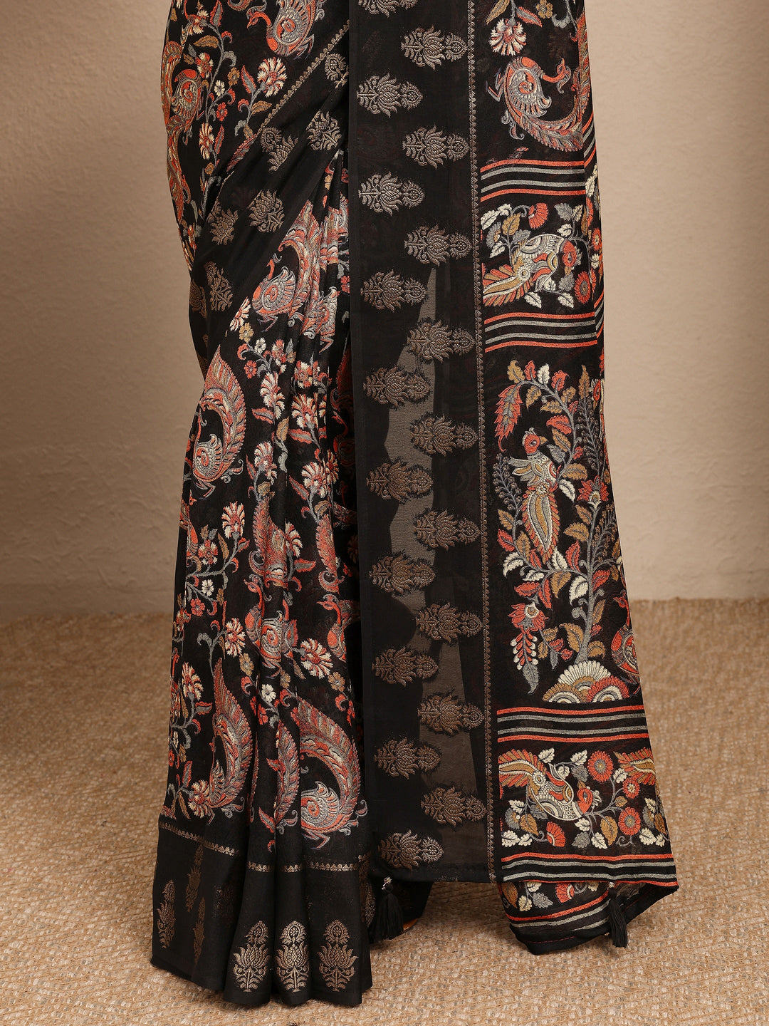  Black Printed Georgette Saree With Unstitched Blouse Piece 