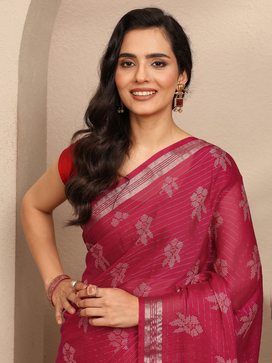  Red Printed Silk Blend Saree With Unstitched Blouse Piece 