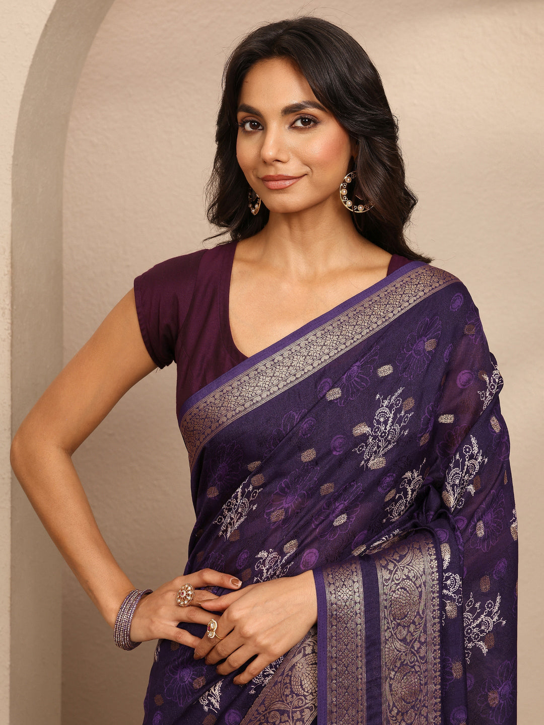  Purple Printed Georgette Saree With Unstitched Blouse Piece 