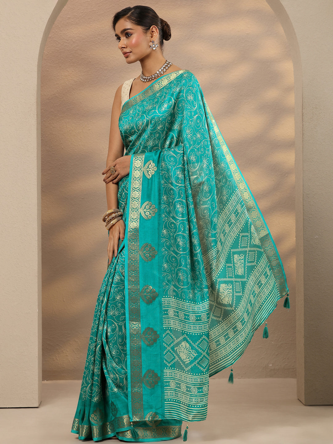  Blue Printed Silk Blend Saree With Unstitched Blouse Piece 