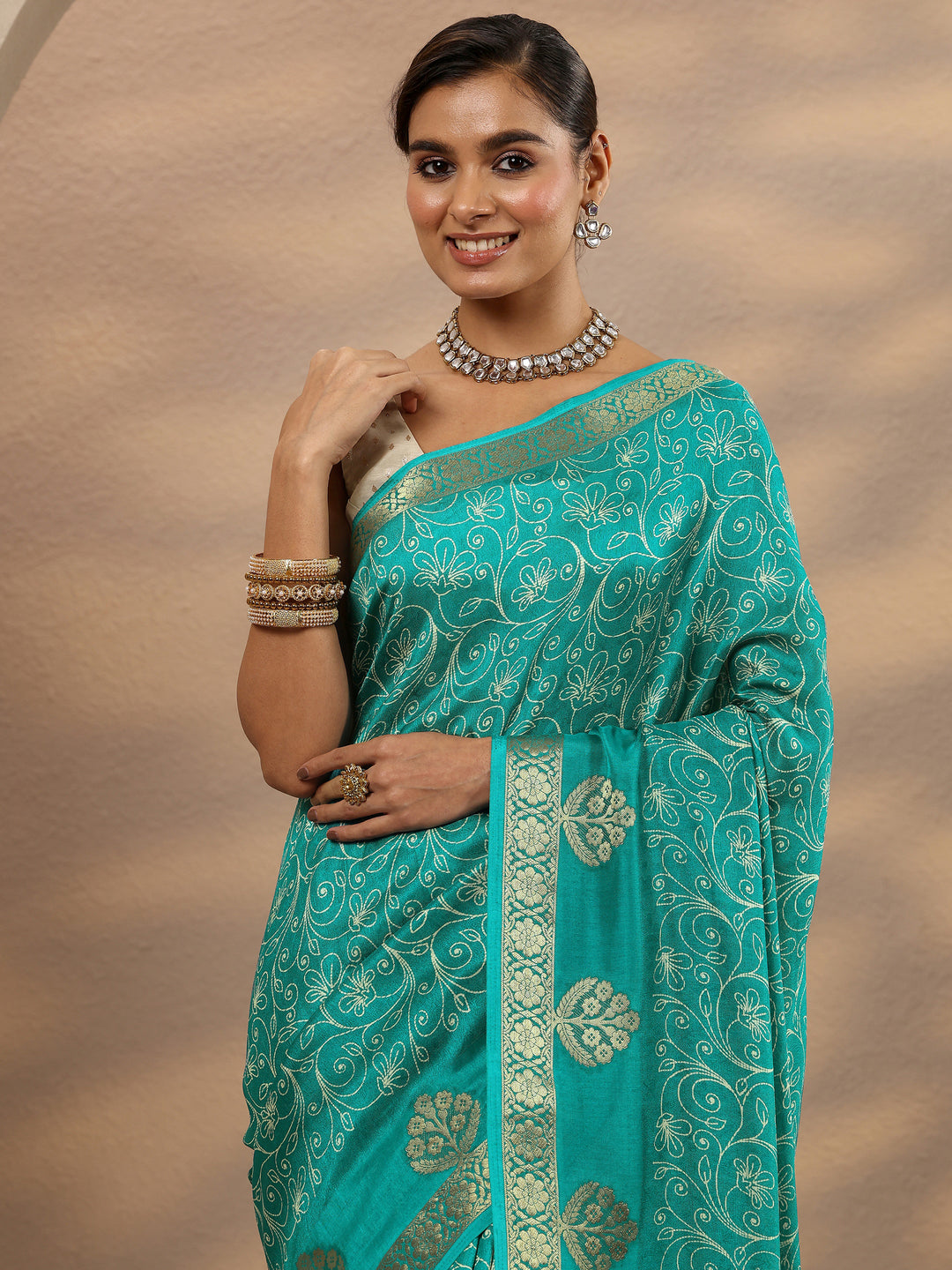  Blue Printed Silk Blend Saree With Unstitched Blouse Piece 