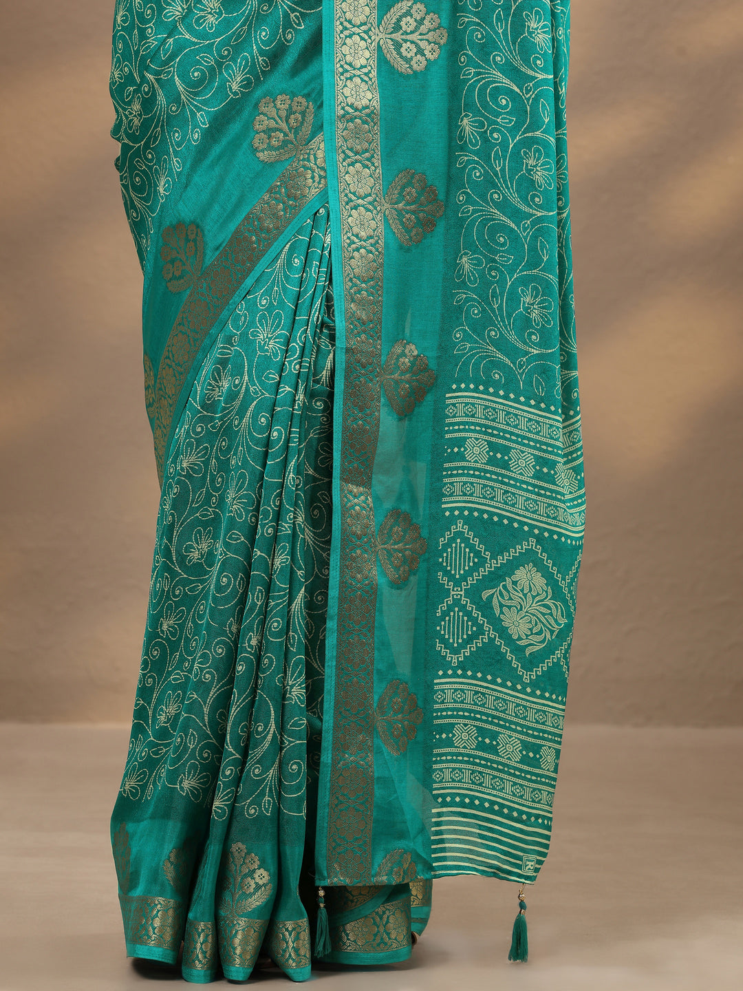  Blue Printed Silk Blend Saree With Unstitched Blouse Piece 