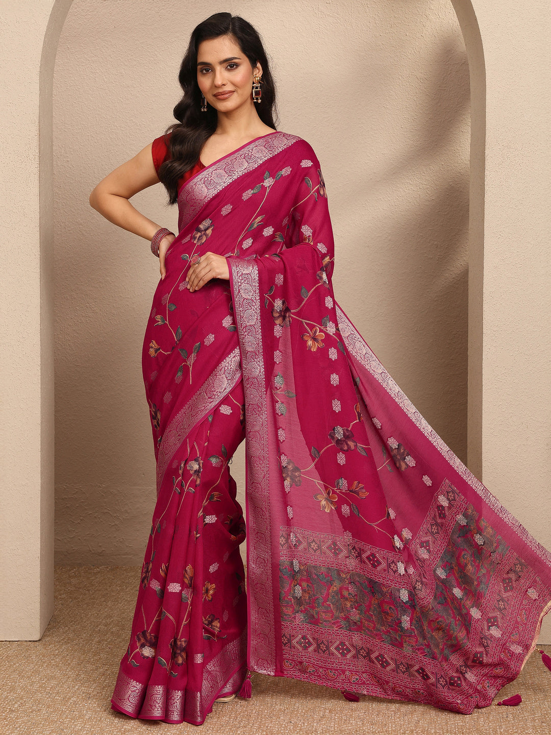  Pink Printed Georgette Saree With Unstitched Blouse Piece 