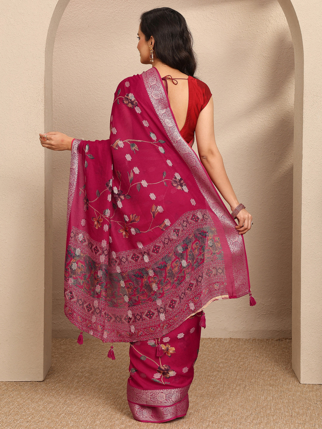 Pink Printed Georgette Saree With Unstitched Blouse Piece 