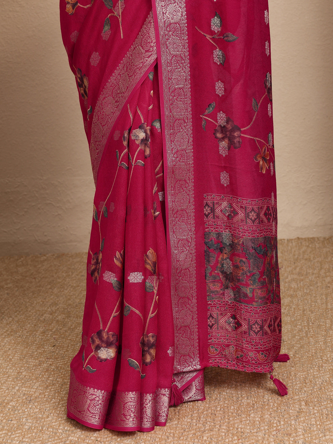  Pink Printed Georgette Saree With Unstitched Blouse Piece 