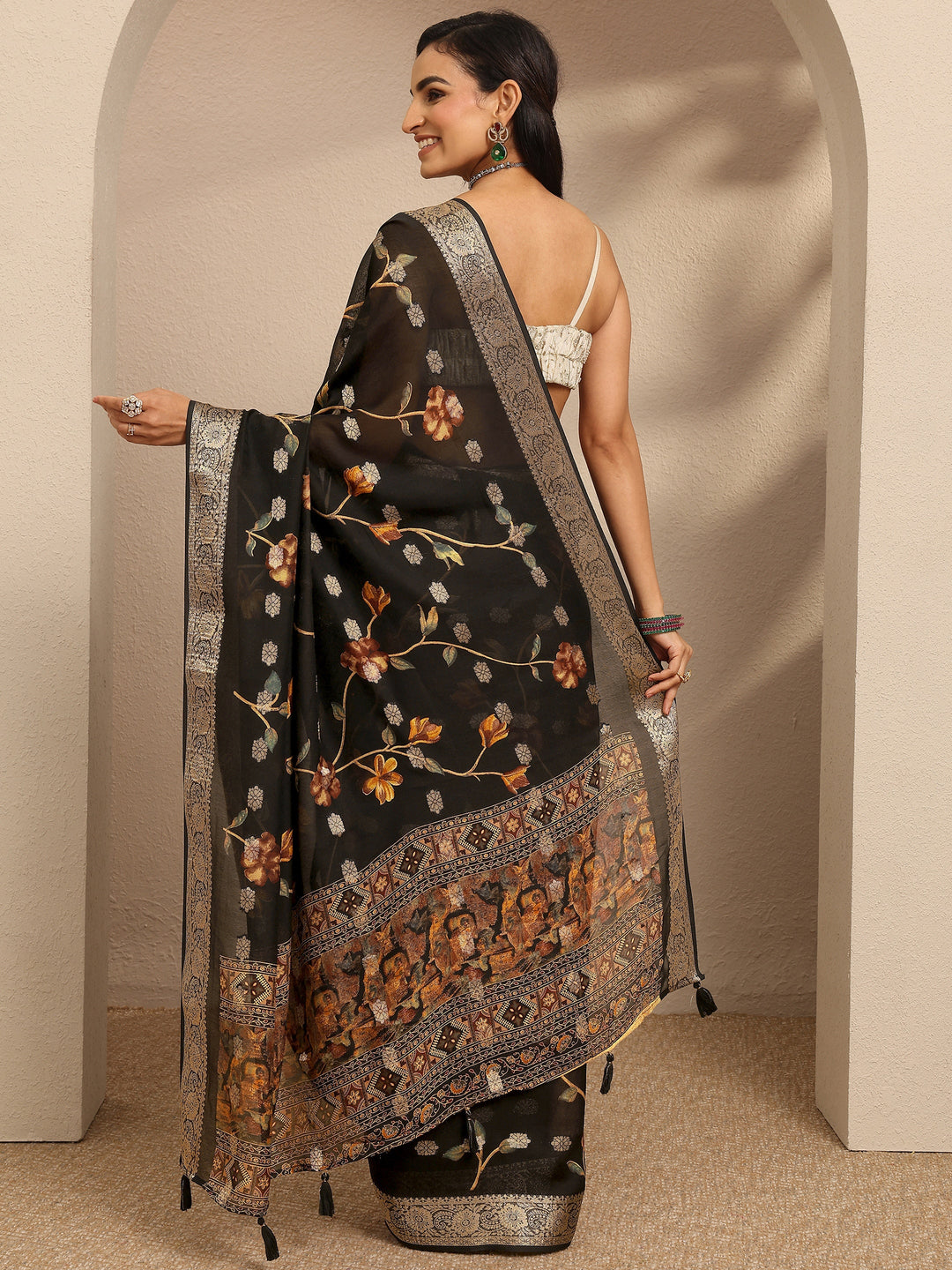  Black Printed Georgette Saree With Unstitched Blouse Piece 