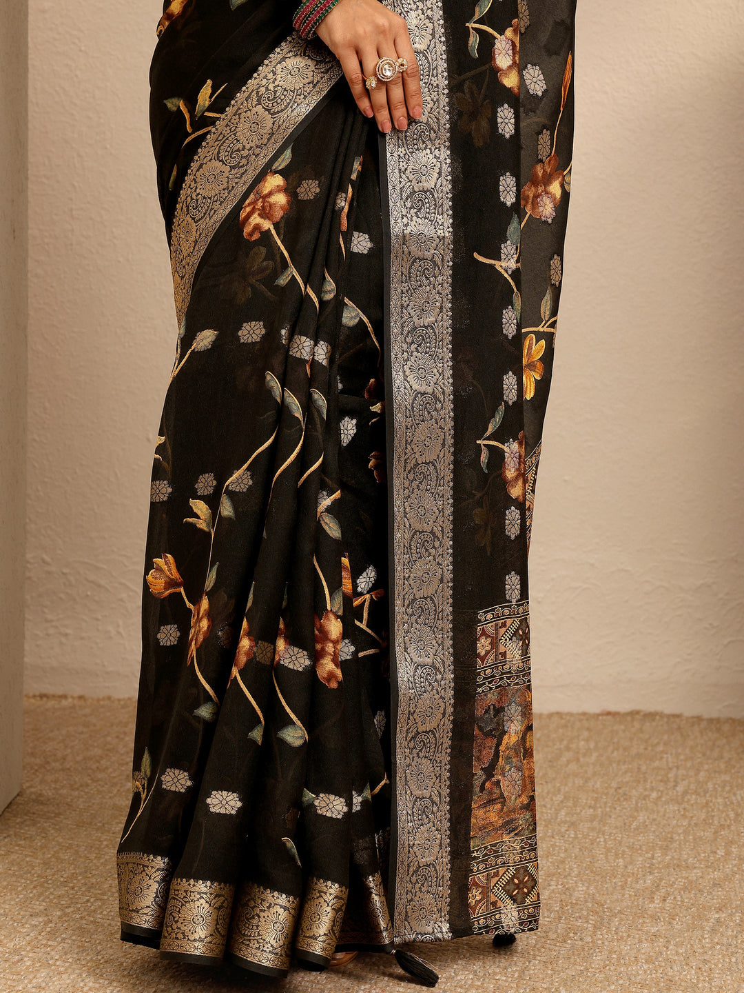  Black Printed Georgette Saree With Unstitched Blouse Piece 