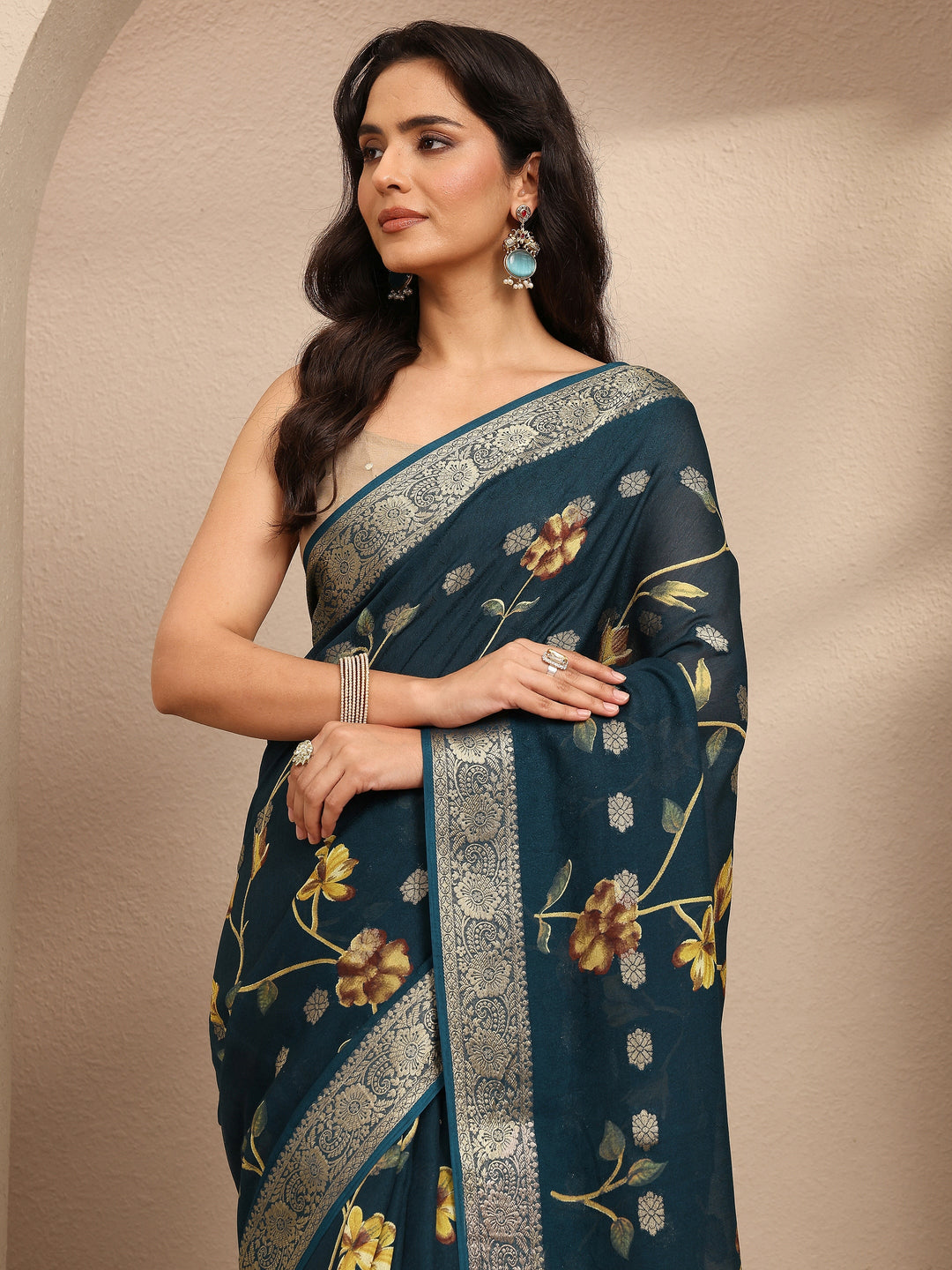 Teal Printed Georgette Saree With Unstitched Blouse Piece 