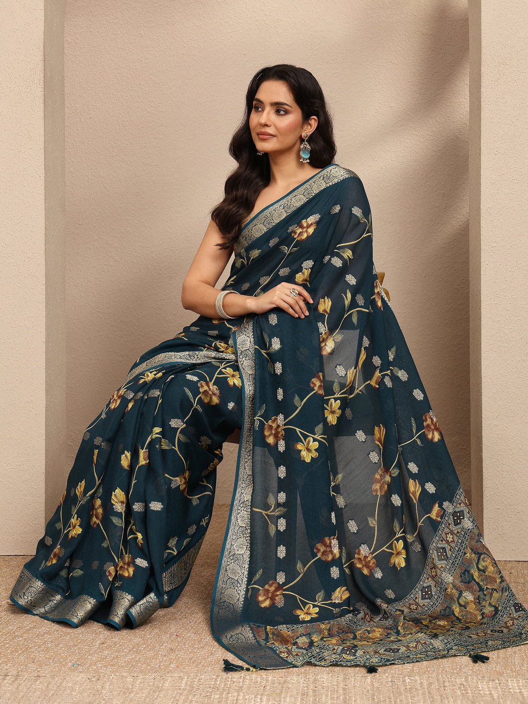 Teal Printed Georgette Saree With Unstitched Blouse Piece
