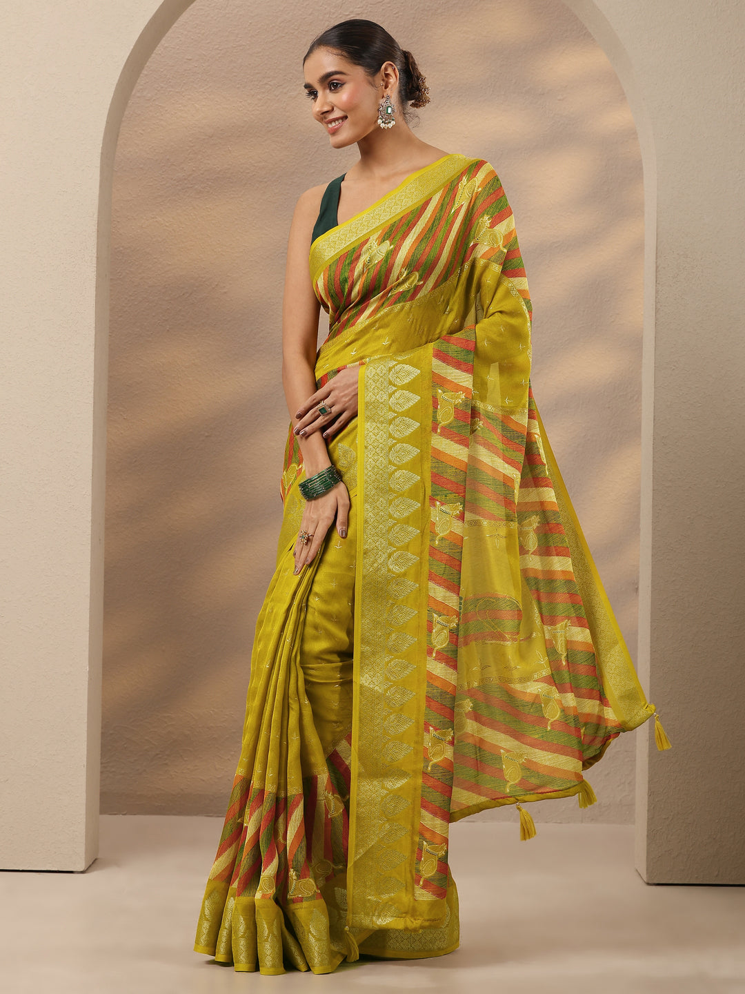  Lime Green Printed Silk Blend Saree With Unstitched Blouse Piece 
