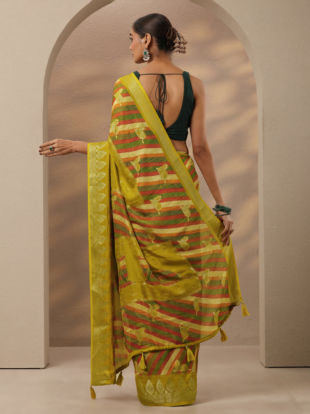 Lime Green Printed Silk Blend Saree With Unstitched Blouse Piece 