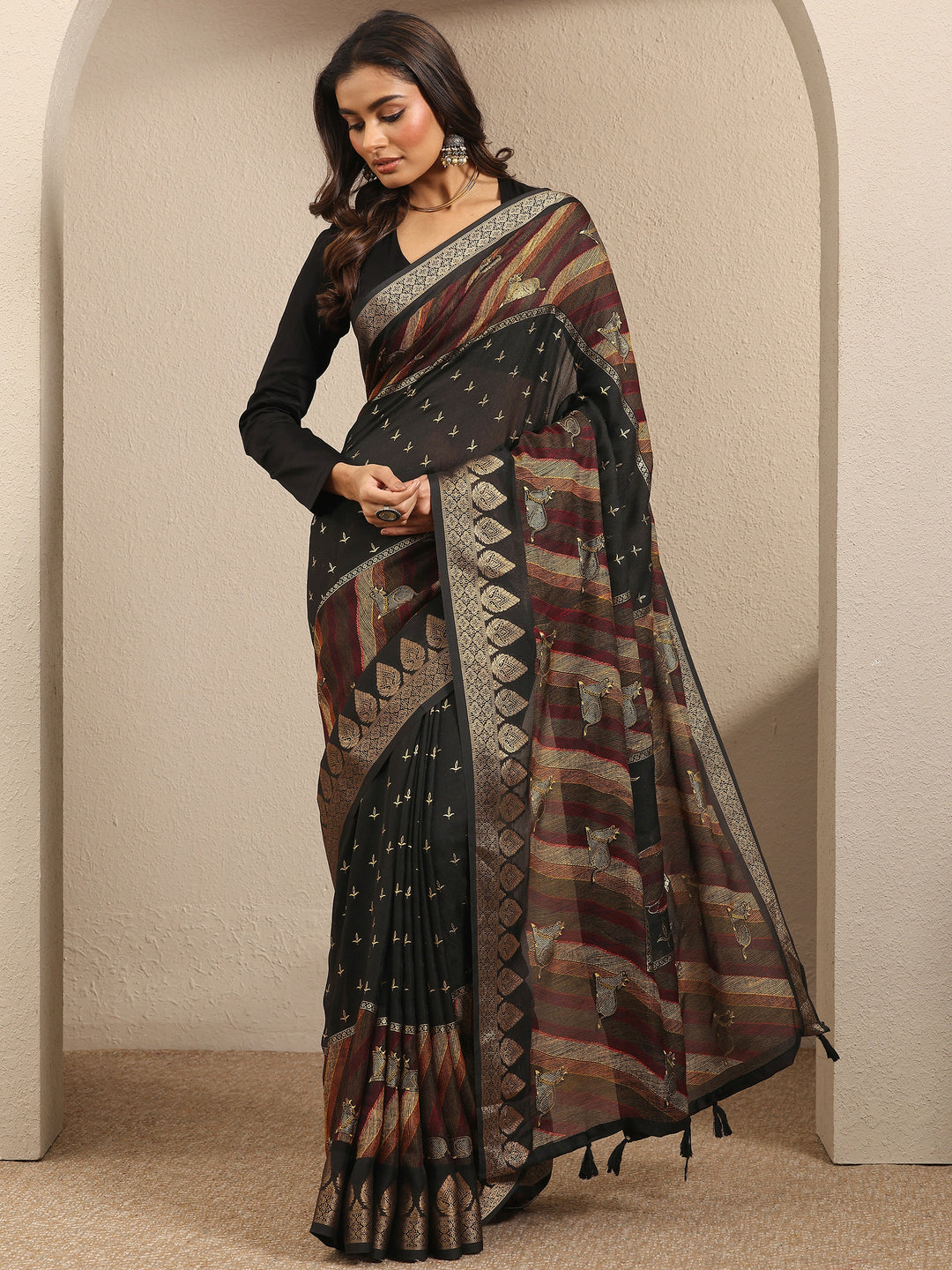  Black Printed Silk Blend Saree With Unstitched Blouse Piece 