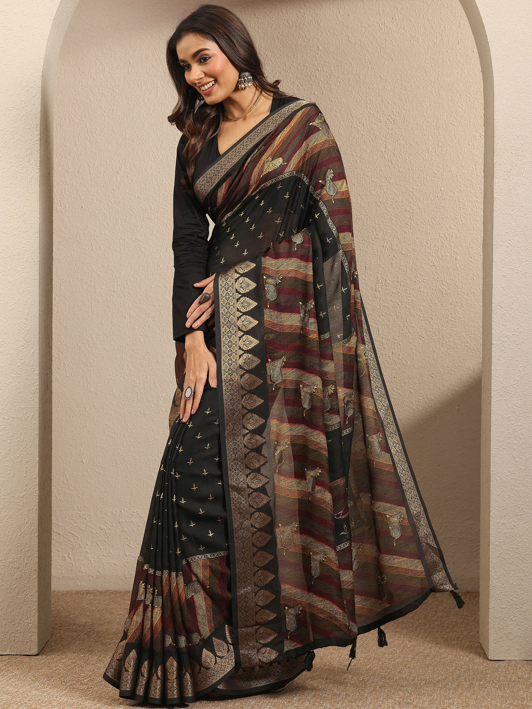  Black Printed Silk Blend Saree With Unstitched Blouse Piece 