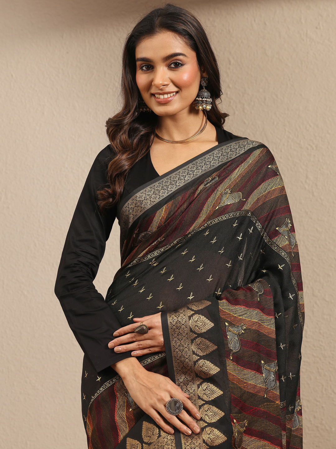  Black Printed Silk Blend Saree With Unstitched Blouse Piece 