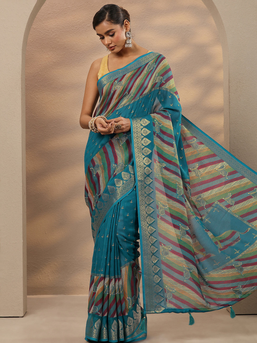  Blue Printed Silk Blend Saree With Unstitched Blouse Piece 