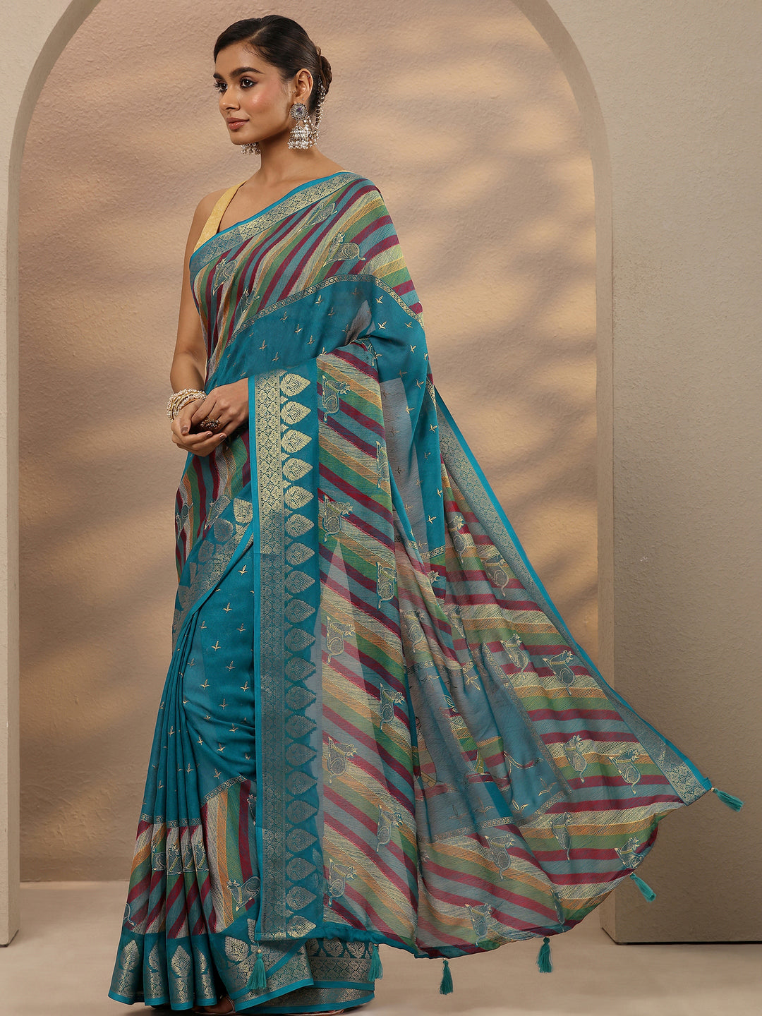  Blue Printed Silk Blend Saree With Unstitched Blouse Piece 