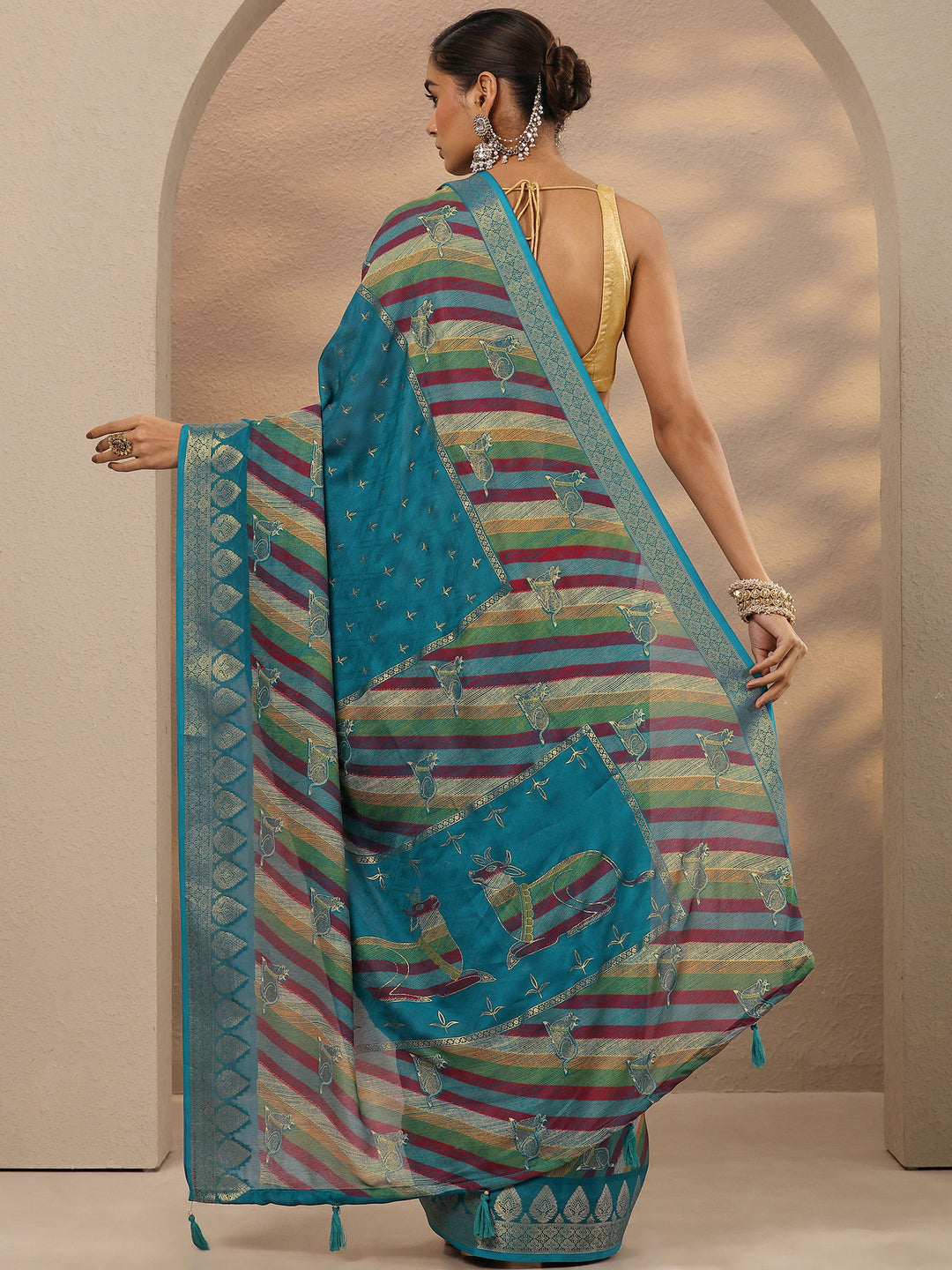  Blue Printed Silk Blend Saree With Unstitched Blouse Piece 