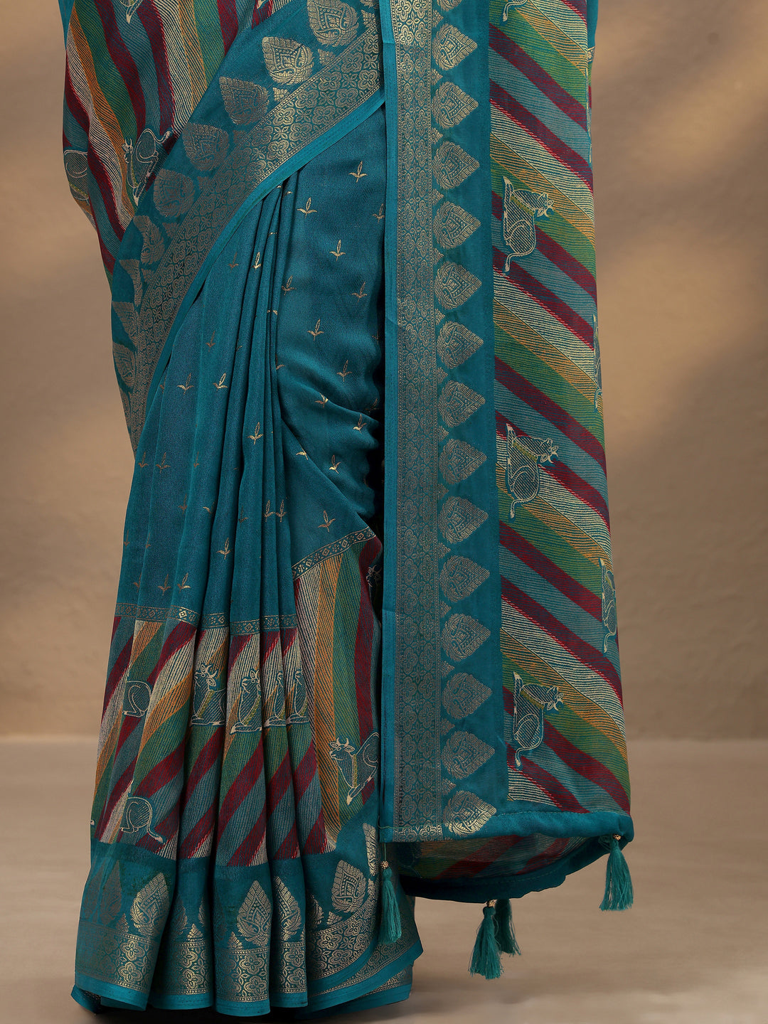  Blue Printed Silk Blend Saree With Unstitched Blouse Piece 