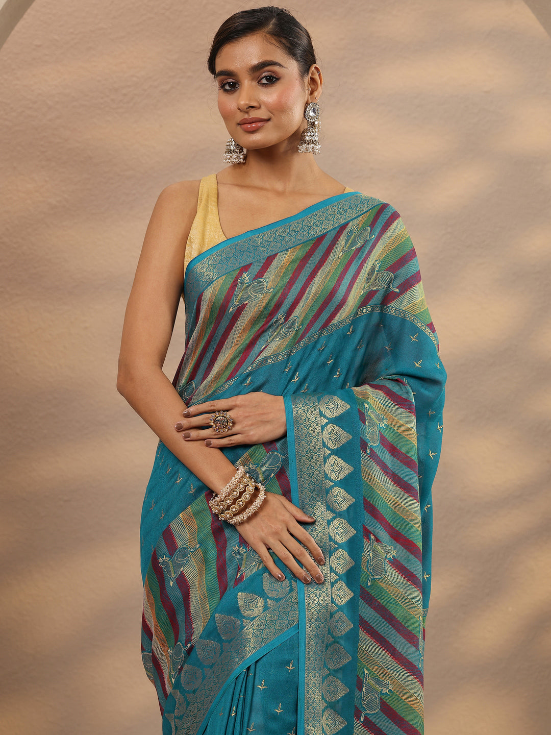  Blue Printed Silk Blend Saree With Unstitched Blouse Piece 