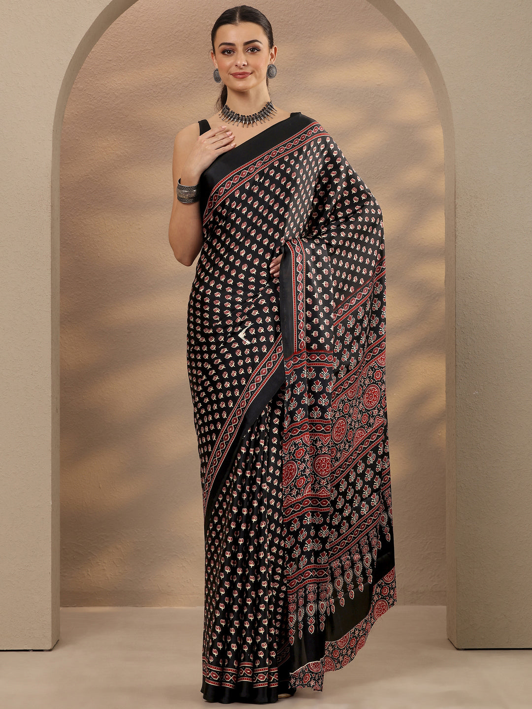  Black Printed Satin Saree With Unstitched Blouse Piece 