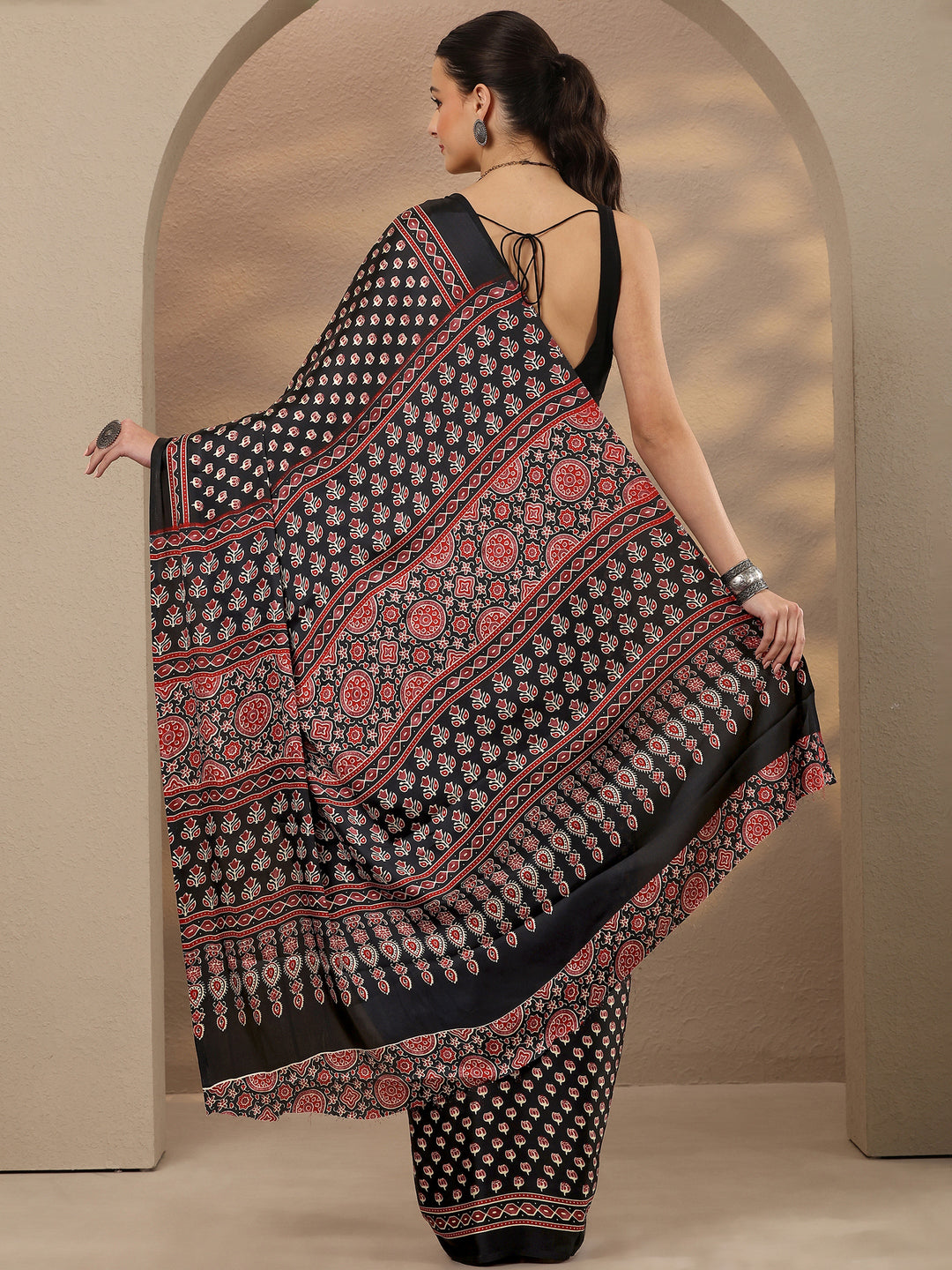  Black Printed Satin Saree With Unstitched Blouse Piece 