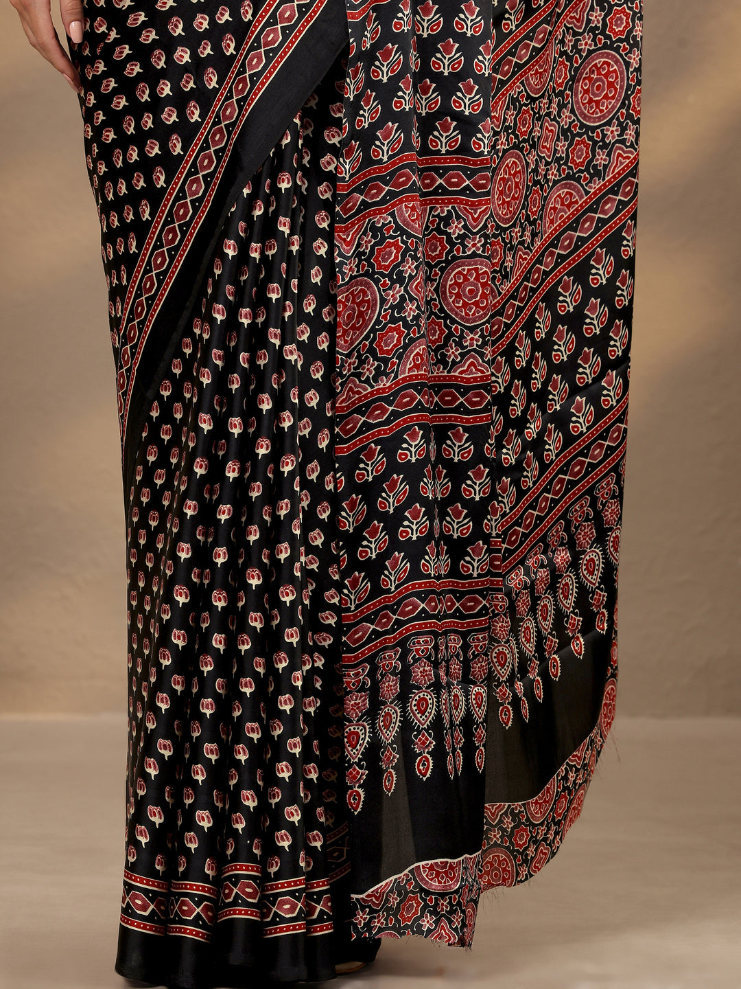  Black Printed Satin Saree With Unstitched Blouse Piece 