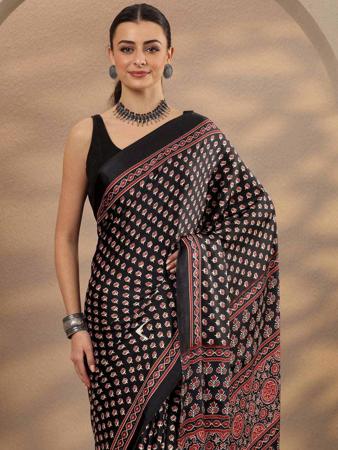  Black Printed Satin Saree With Unstitched Blouse Piece 
