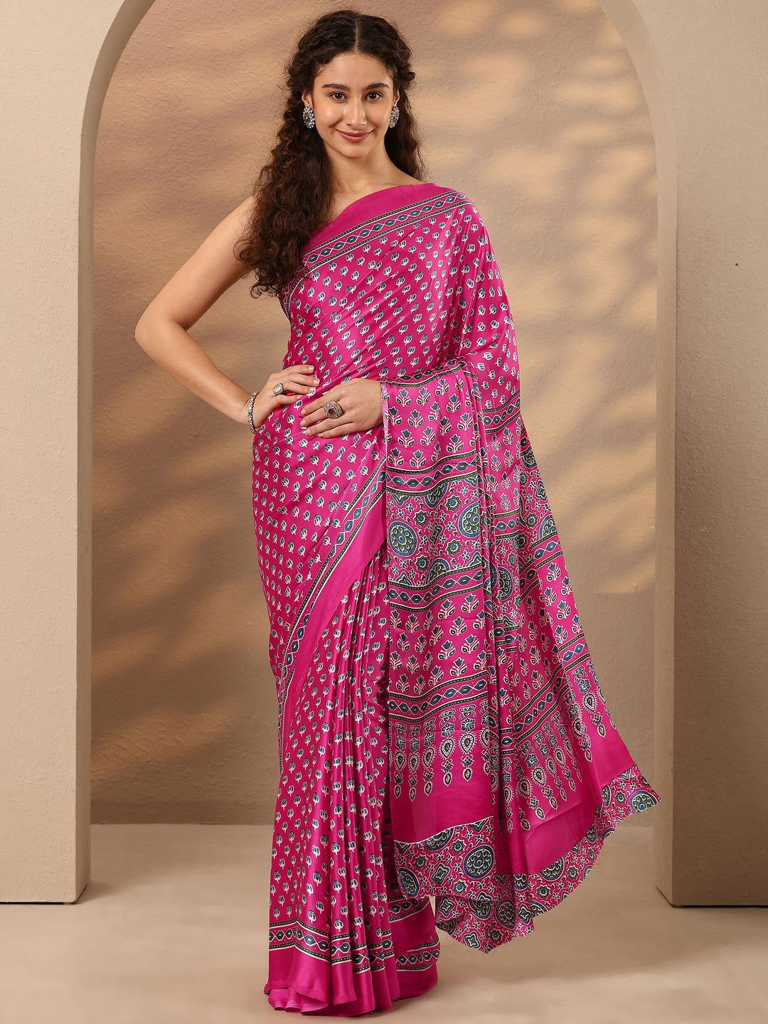  Pink Printed Satin Saree With Unstitched Blouse Piece 