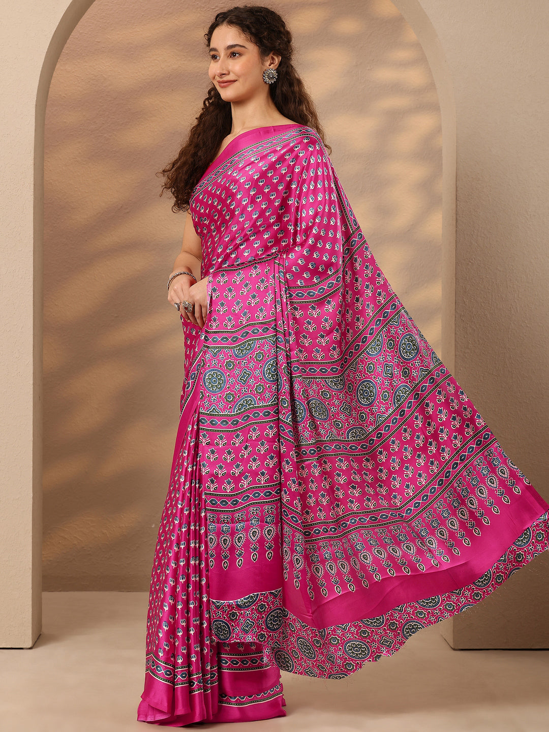  Pink Printed Satin Saree With Unstitched Blouse Piece 