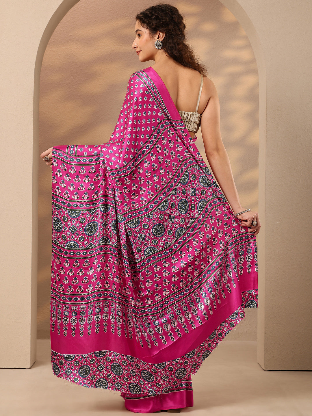  Pink Printed Satin Saree With Unstitched Blouse Piece 