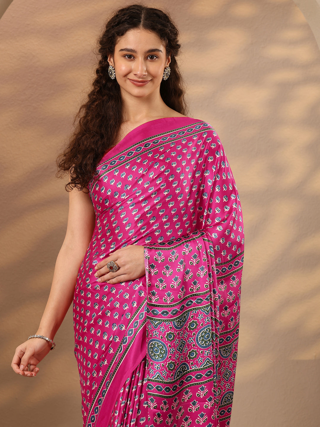  Pink Printed Satin Saree With Unstitched Blouse Piece 