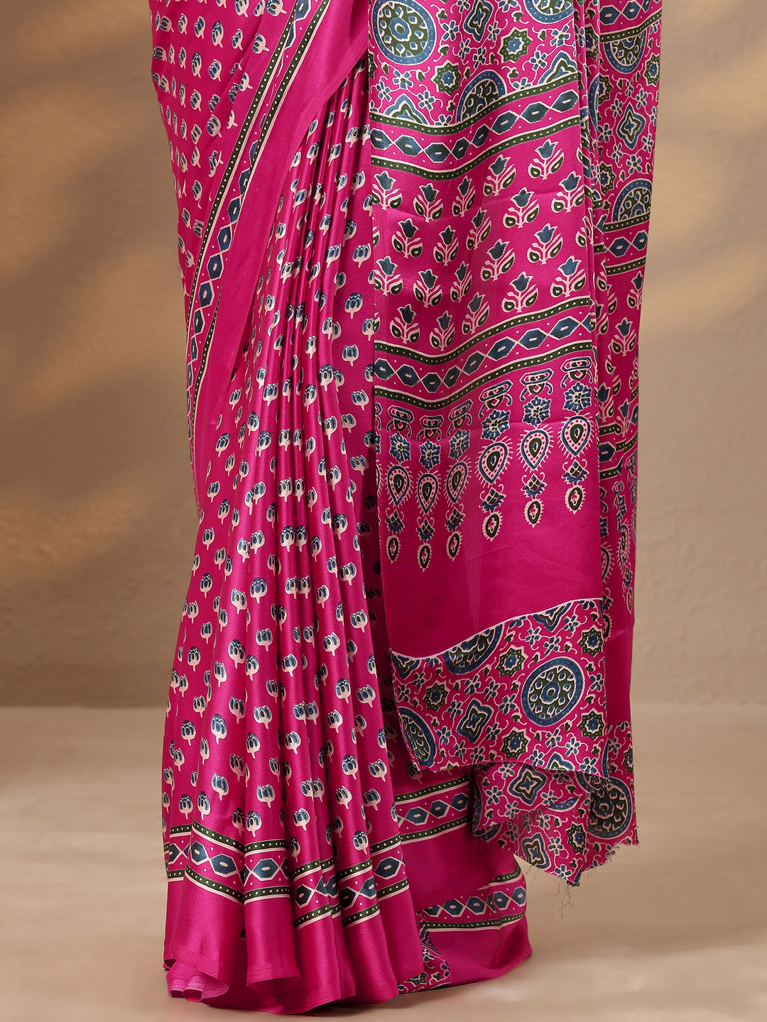  Pink Printed Satin Saree With Unstitched Blouse Piece 