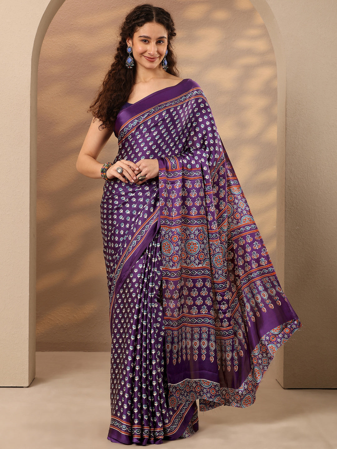  Purple Printed Satin Saree With Unstitched Blouse Piece 