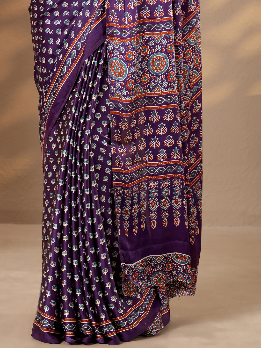  Purple Printed Satin Saree With Unstitched Blouse Piece 