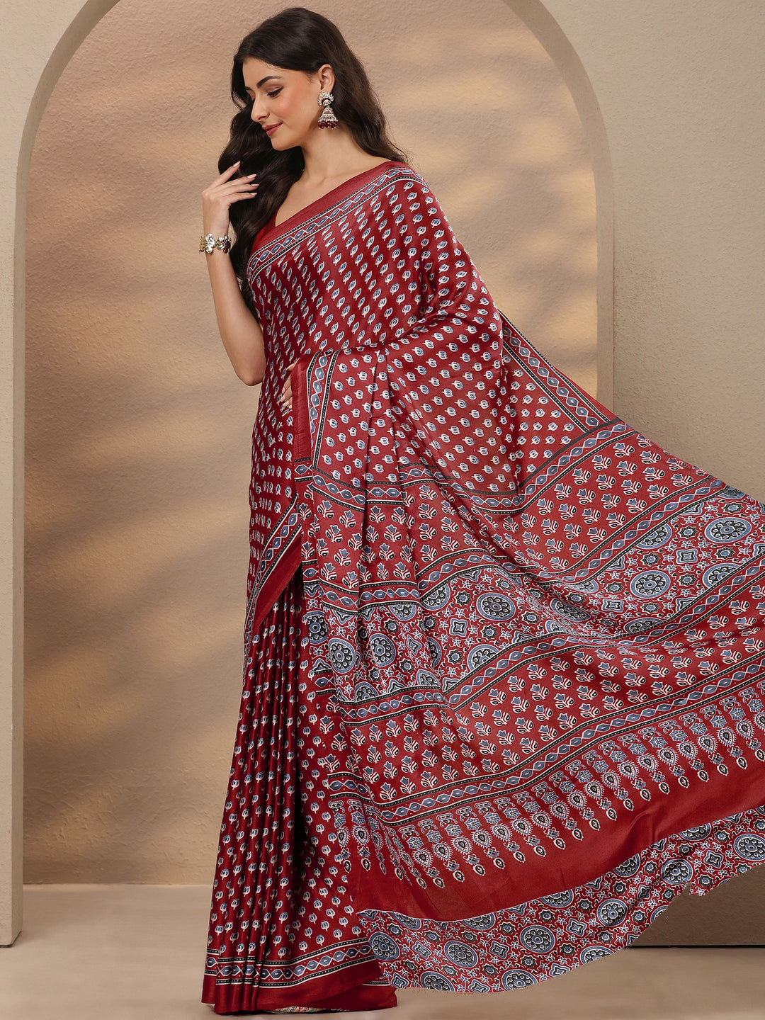  Maroon Printed Satin Saree With Unstitched Blouse Piece 