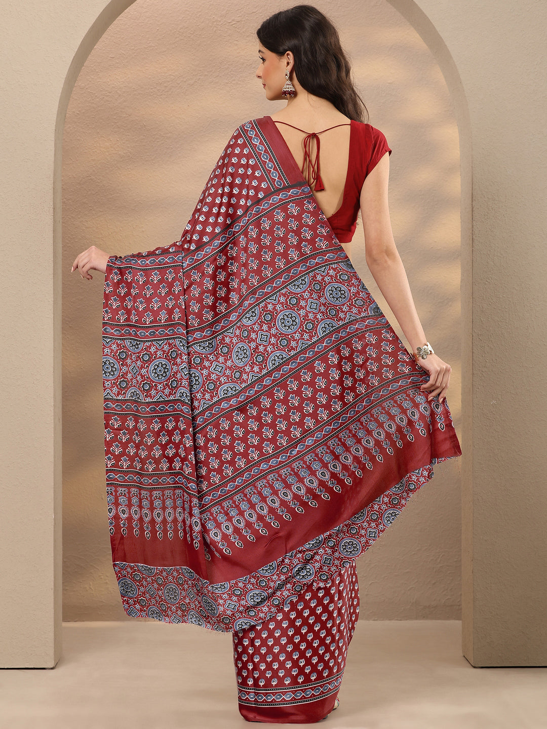  Maroon Printed Satin Saree With Unstitched Blouse Piece 
